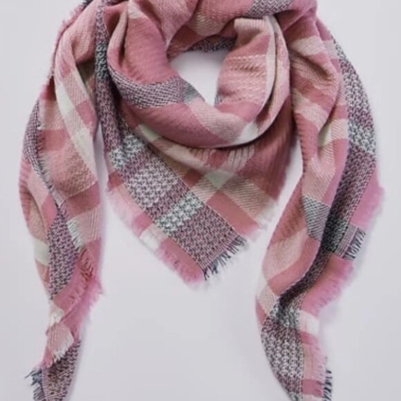 J. Jill Pink Iced Mauve Multi Fringe Plaid Square Scarf Western Cowgirl - Picture 1 of 5